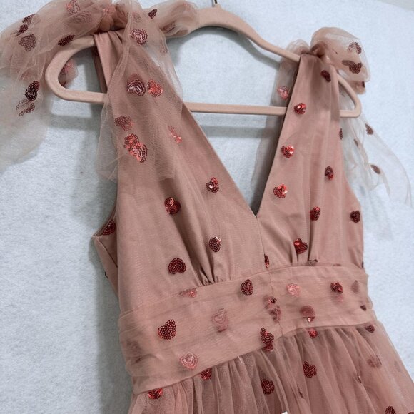 JessaKae Sweetheart Dress Womens Medium Pink Tulle Sequin Heart Bow Tie Maxi - Picture 2 of 12